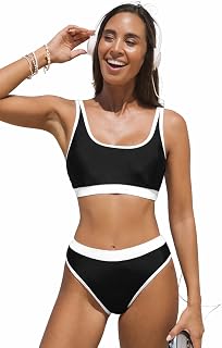 Sheisha Two Piece Bikini Set, Black with White Trim, Adjustable Straps, High Cut Bottoms, Sporty Style Swimwear Price In India
