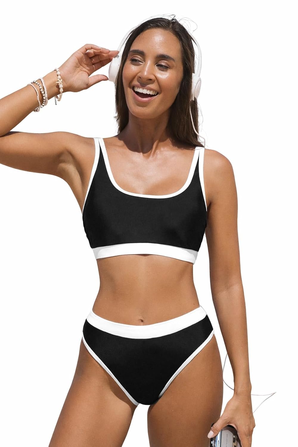 Sheisha Two Piece Bikini Set, Black with White Trim, Adjustable Straps, High Cut Bottoms, Sporty Style Swimwear - Review, Price and Buying Guide