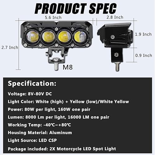 Miniatura 7 de Luces antiniebla para motocicleta, 80 W, 8000 lúmenes, luz auxiliar de conducción ámbar blanco de doble color, 2 unidades, barra de luz LED de 6