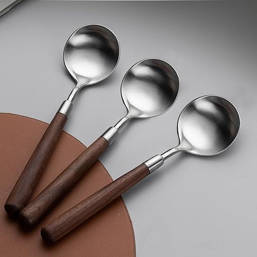 Miniatura 4 de Ouliget Cuchara de mango de madera retro, cucharadas de servir de acero inoxidable, cuchara de madera, cubiertos plateados con mango marrón, 4