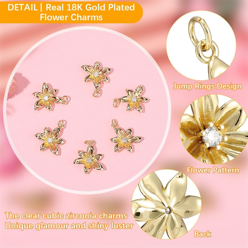 Beebeecraft 1 Box 8Pcs 18K Gold Plated Flower Charms Metal Cubic Zirconia 6 Petals Floral Charms with Jump Ring for Jewelry Making Earring Bracelet Necklace DIY Crafts - Image 5