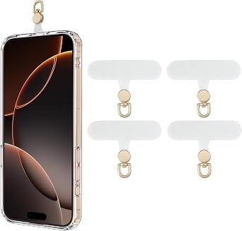 TiMOVO Phone Tether Tab Rotatable 360, 4 Pack Cell Phone Lanyard Patch for Phone Strap, Anti-Theft Phone Tether Tab for iPhone 16, 15 & Most Smartphones, White & Gold