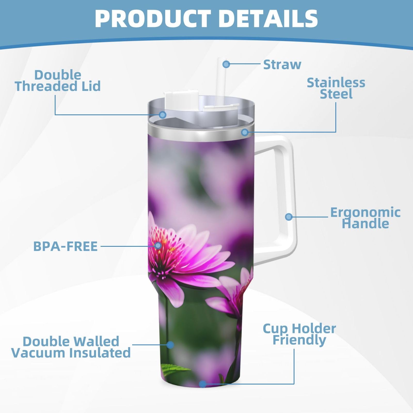 Trinkflasche aus Edelstahl, doppelwandig, isoliert, mit Griff und Strohhalm-Deckel, 1,2 l, Pink Flower Purple Butterfly 1