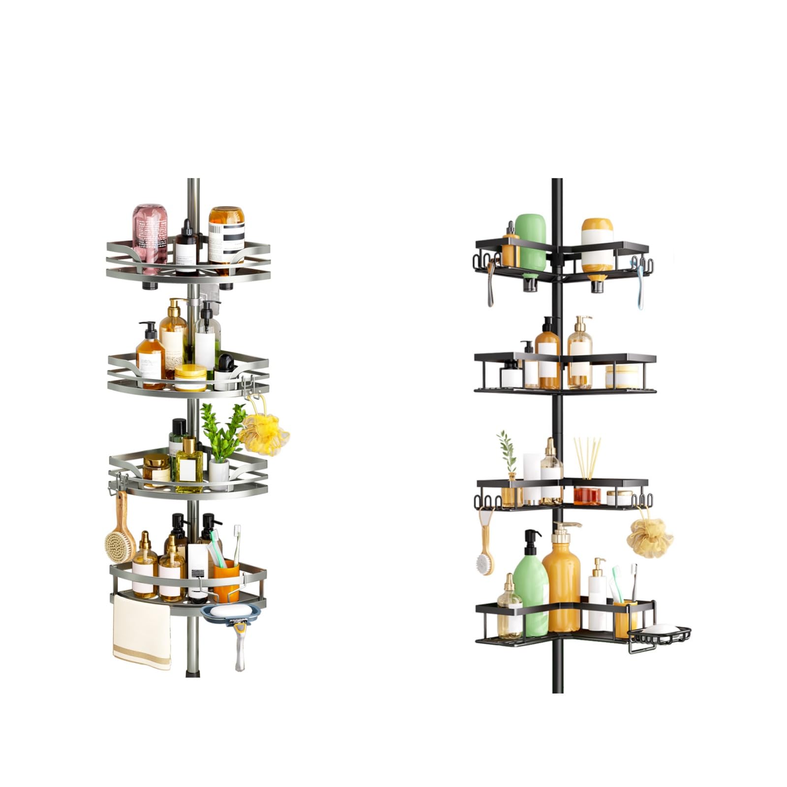 HAMITOR Shower Caddy Tension Pole 4-Tier Rustproof Bathroom Corner Shelf for Renters - 47-121inches Adjustable Bathtub Organizer with