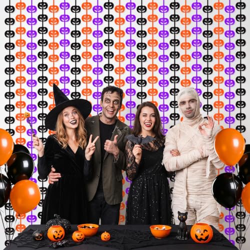 Image of TONIFUL 2Pc Black Orange Purple Pumpkin Cutout Metallic Foil Fringe Curtain | 3.3ftx6.6ft Photo Booth Backdrop Door Tinsel Streamers Curtains, Props for Halloween Fall Birthday Harvest Party Decorations