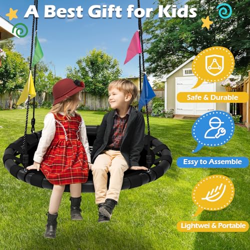 Image of HeyZoo Saucer Swing, 40 Inch Swing Sets for Backyard and Outdoor Playground, 900lbs Weight Capacity, with 360 Degree Swivel, Gifts for Kids, Black