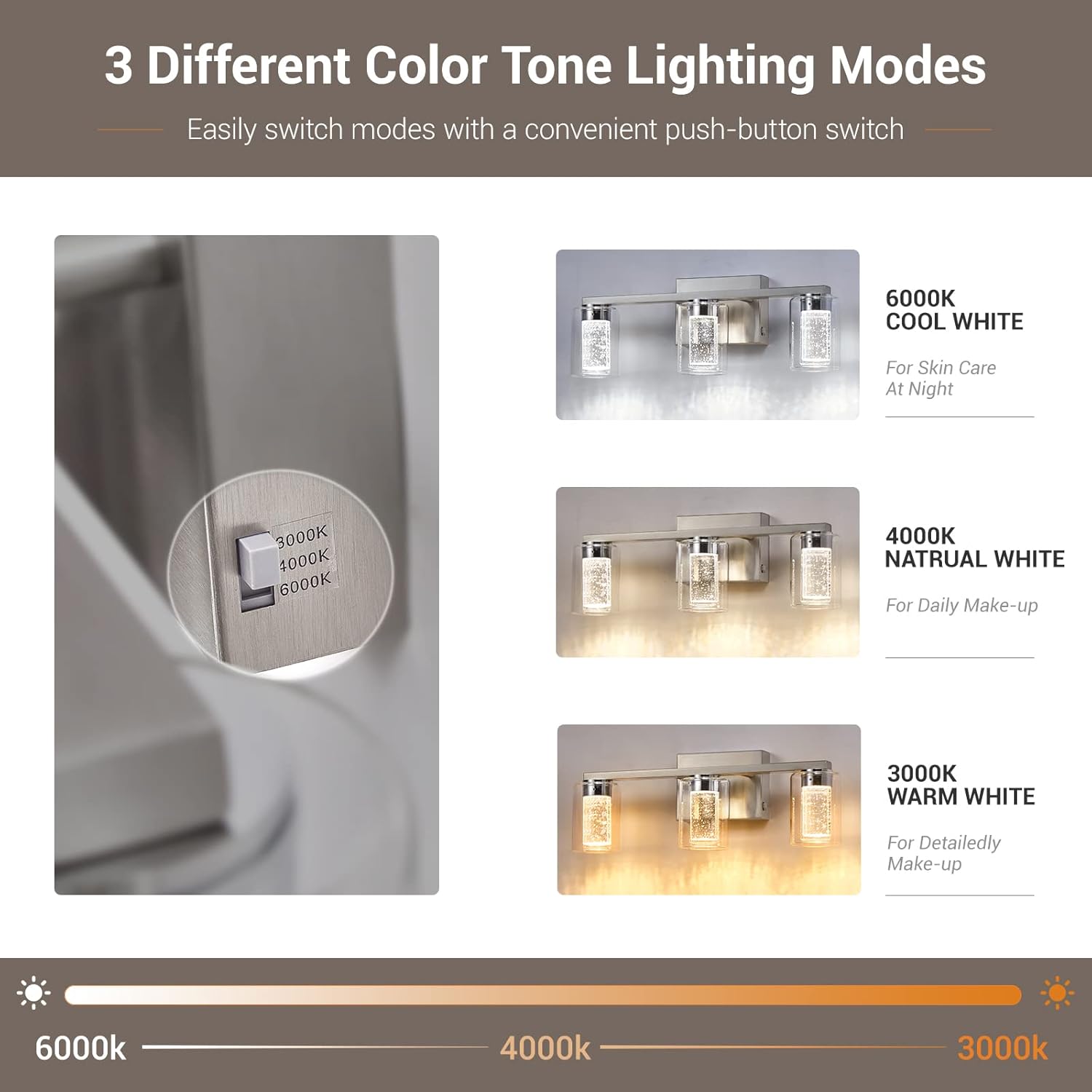 Bathroom Light Fixtures, 3 Light Brushed Nickel Bathroom Vanity Light over Mirror, 3 Color LED lights with Crystal Bubble and Clear Glass, White/Neutral/Warm Light Dimmable Wall Sconce Lighting