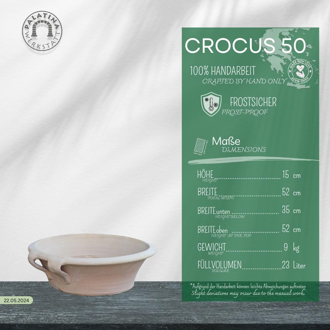 Palatina Werkstatt Donica z terakoty Crocus 50 cm – w 100% ręcznie wykonany unikat – idealny odporny na zimę pojemnik na rośliny do ogrodu i na zewnątrz