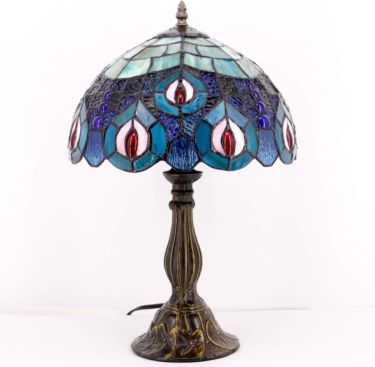 Suреr Chеар 🛒 Tiffany Table Lamp Blue Stained Glass Bedside Lamp Peacock Desk Reading Light 18 Tall Living Room Bedroom Coffee Bar Library Banker Decorative Memory Sympathy Vintage WERFACTORY LED Bulb Included