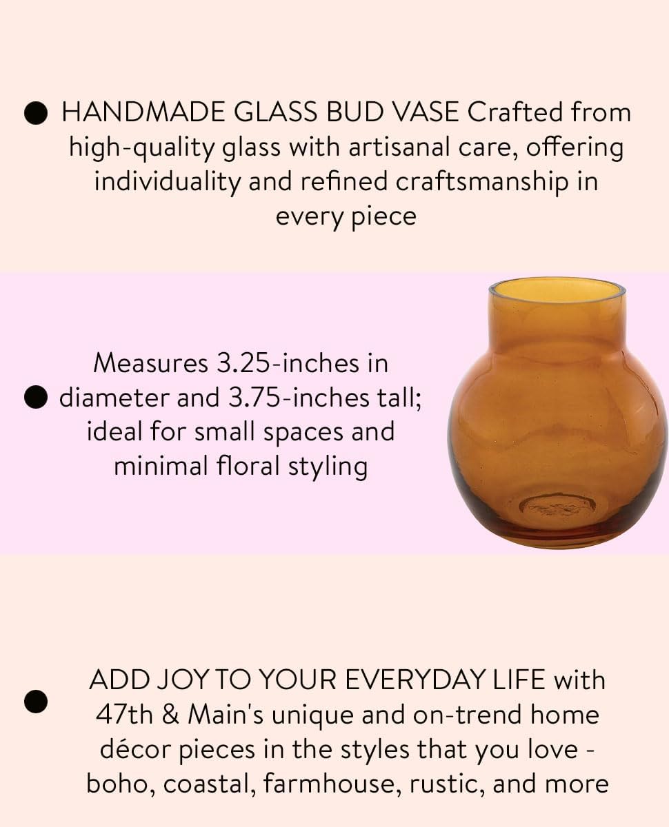 47th & Main Flower Vases Modern Shaped Glass Small Bud Vase for Home Décor, 3.25" Diameter x 3.75" Tall, Amber - Image 2