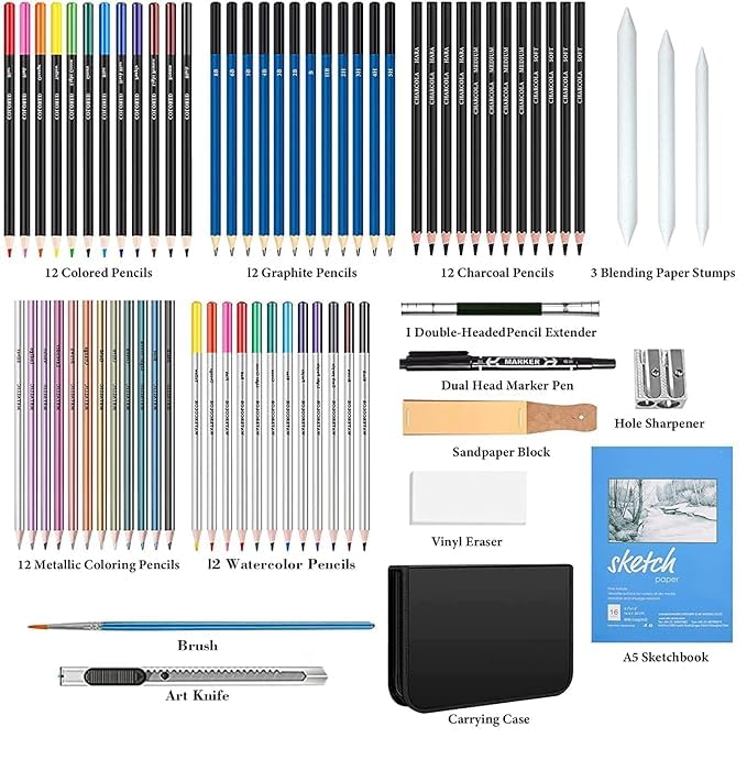 Image of 72 Pcs Coloured Pencils Set, Drawing Pencils & Sketching Kit with Graphite, Metallic Color, Water-Soluble Color Pencils for smudge free look (Shading and coloring pencils with bag, 72)