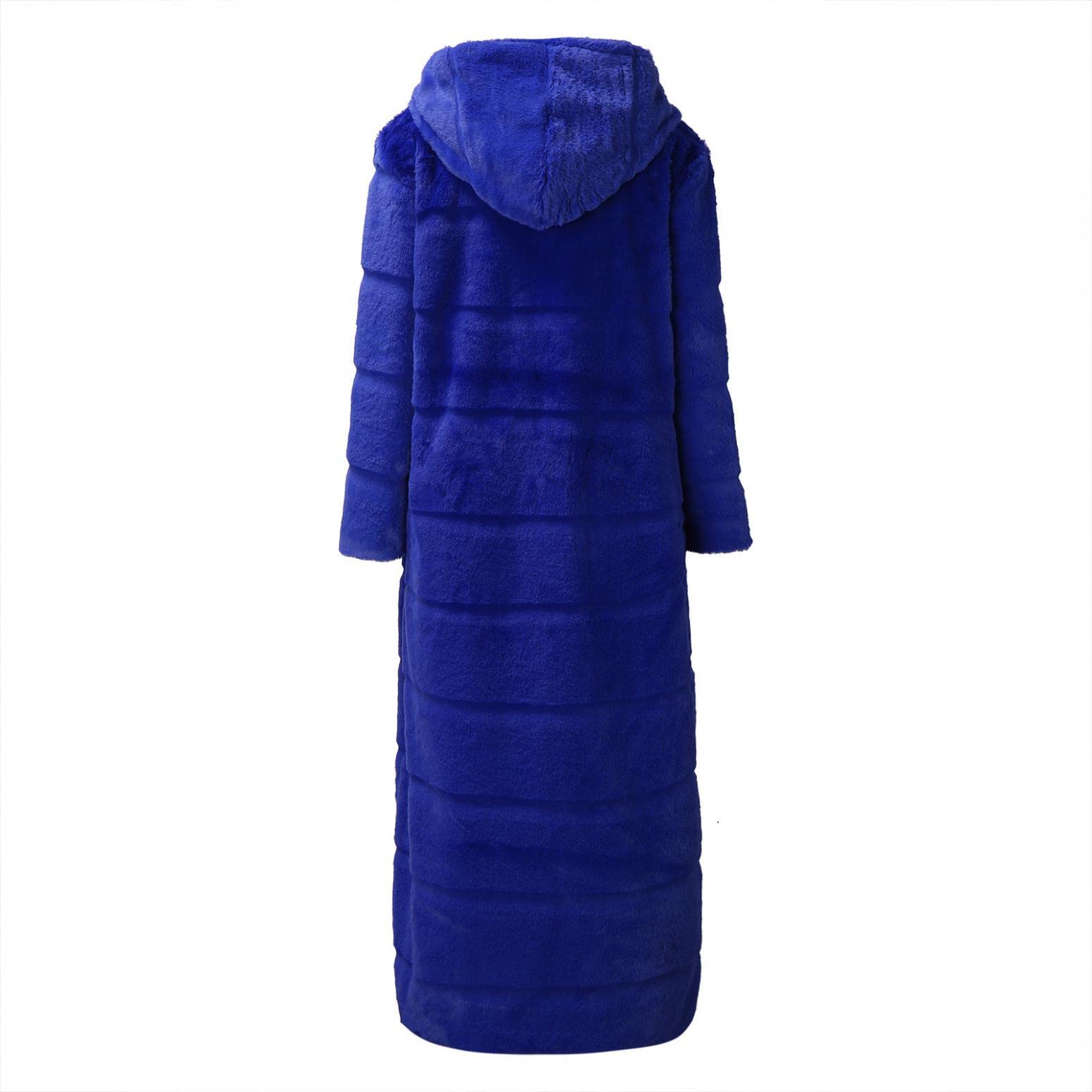 Kanpola, cappotto da donna in pelliccia sintetica, lungo, in finta pelliccia, per autunno e inverno, caldo, con cappuccio, elegante giacca invernale con tasca, Blu, XL