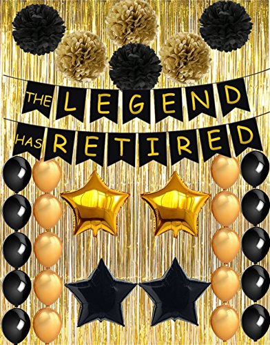 Retirement Party Decorations - The Legend Has Retired Banner Decoration Kit (48PCS), Retirement Party Supplies Gifts and Decor Including Gold Foil Curtain for Background Photo Props TD004