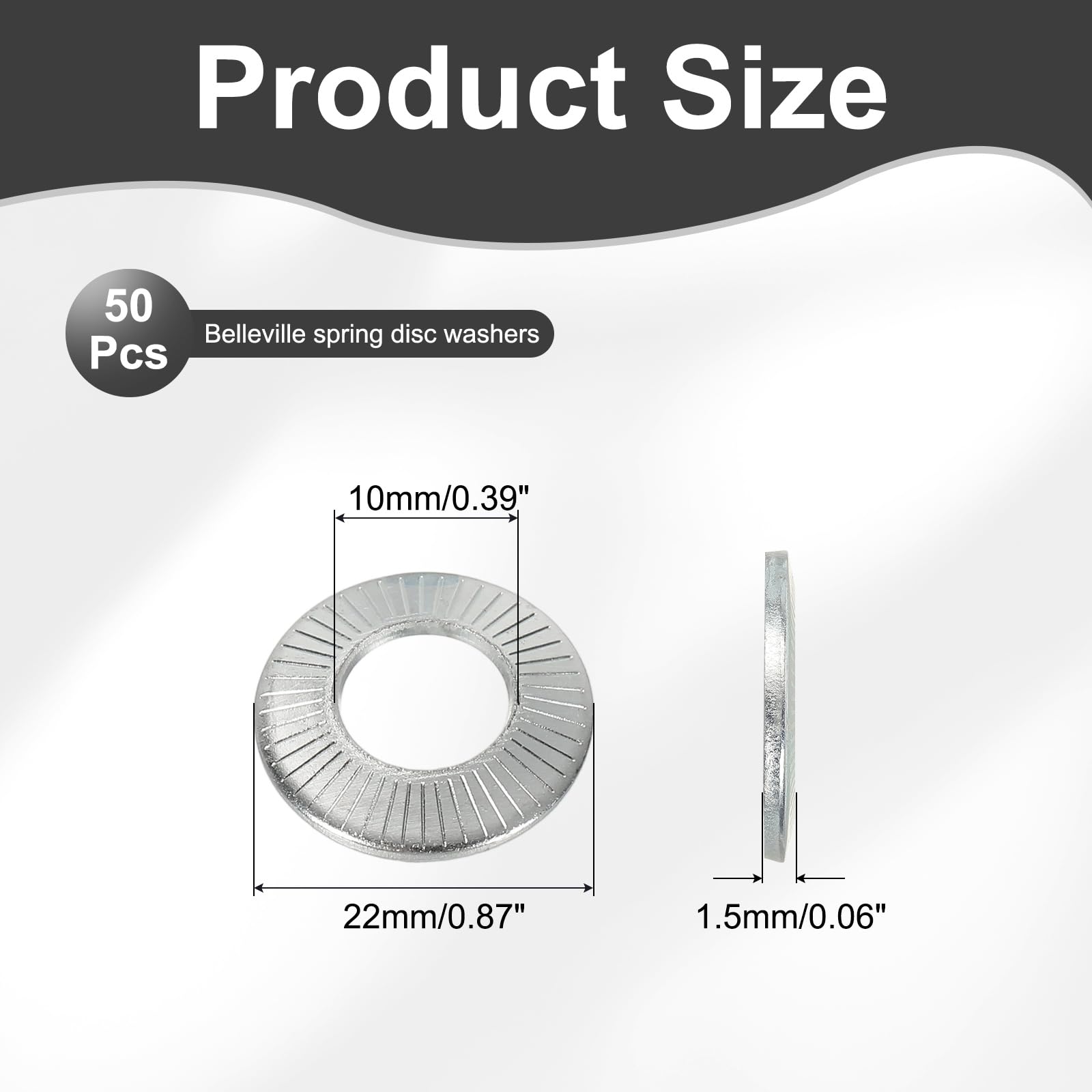 PATIKIL M10x22x1.5mm Flat Washers 50Pcs 65Mn Steel Belleville Spring Disc Washer Conical Knurled Metric Gasket for Automotive Industrial Construction (White Zinc Plating) - Image 2