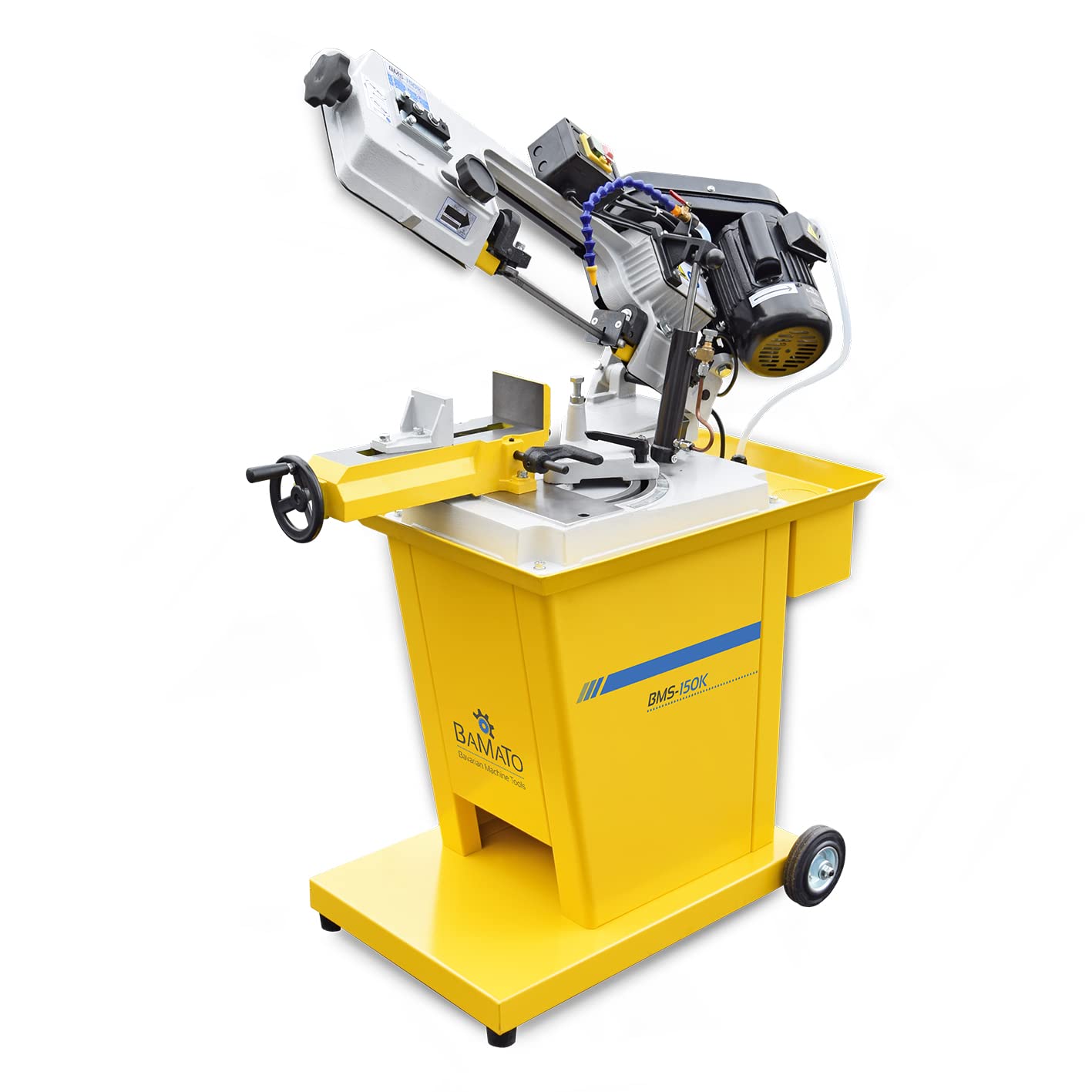 BAMATO Metallbandsäge BMS-150K | 400V Kraftstrom | Inkl. Kühlmitteleinrichtung & Untergestell | Präzisions-Bandsäge für Metallbearbeitung | Gehrung bis 60° | Stationär