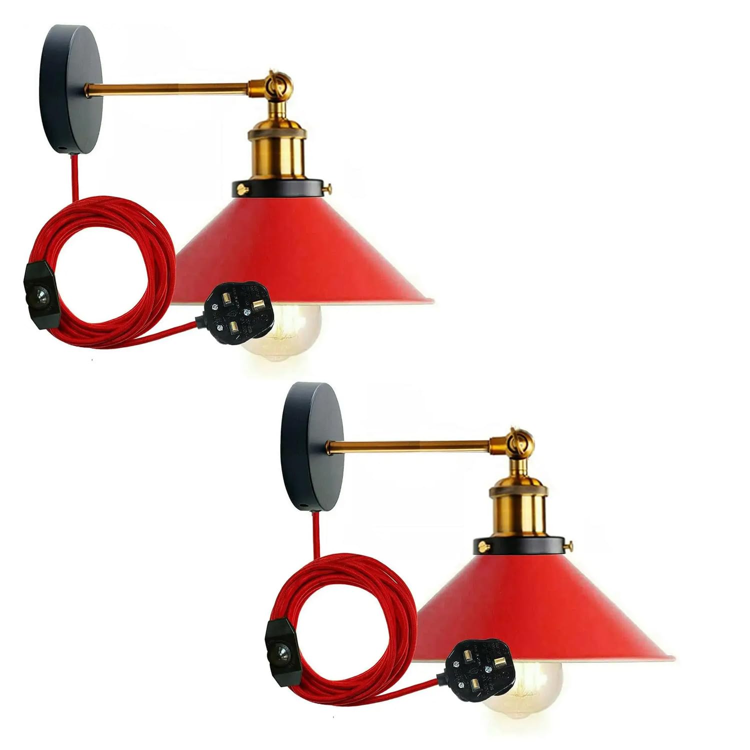 LEDSone 2 Pack of Retro Industrial Wall Light Plug in Wall Lamp Metal Cone Shape Shade Indoor Light Fitting with Dimmer Switch for Bedroom Hallway Restaurants (Red 2 Pack, with Bulb)