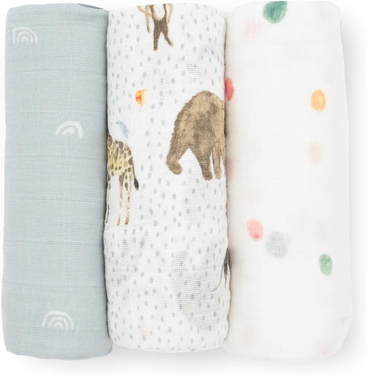 Little Unicorn Muslin Swaddle Blanket for Newborns & Infants | Soft & Breathable Fabric | Set of 3 Baby Blankets for Swaddling, Nursing, Shower Gifts (Party Animals)