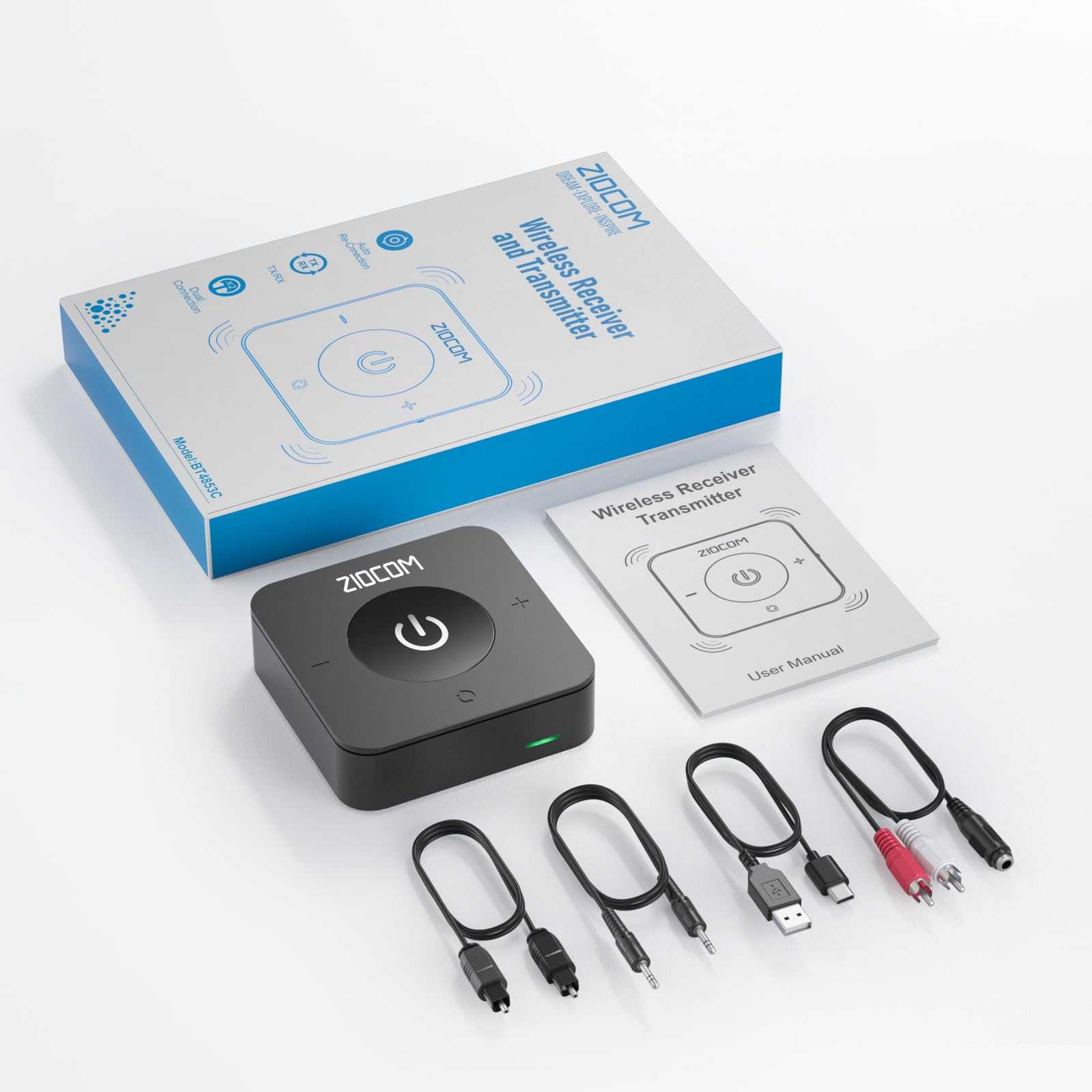 ZIOCOM Récepteur Émetteur Bluetooth 5.0, Adaptateur Audio sans Fil 2 en 1, pour TV/PC/MP3/Gym/Avion/Haut-parleur et Stéréo Domestique (Optique, 3,5 mm AUX, RCA), Appairage Simultané de 2 Appareils