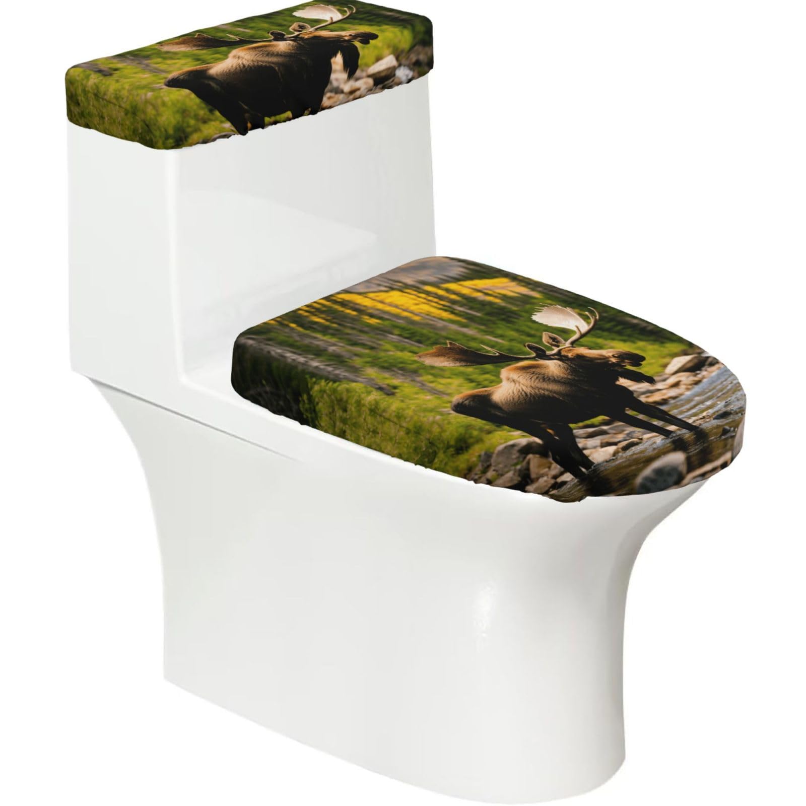 Deer Bear Moose Printed Toilet Tank and Lid Cover Set of 2 for Most Bathrooms, Fits Elongated Round Toilets