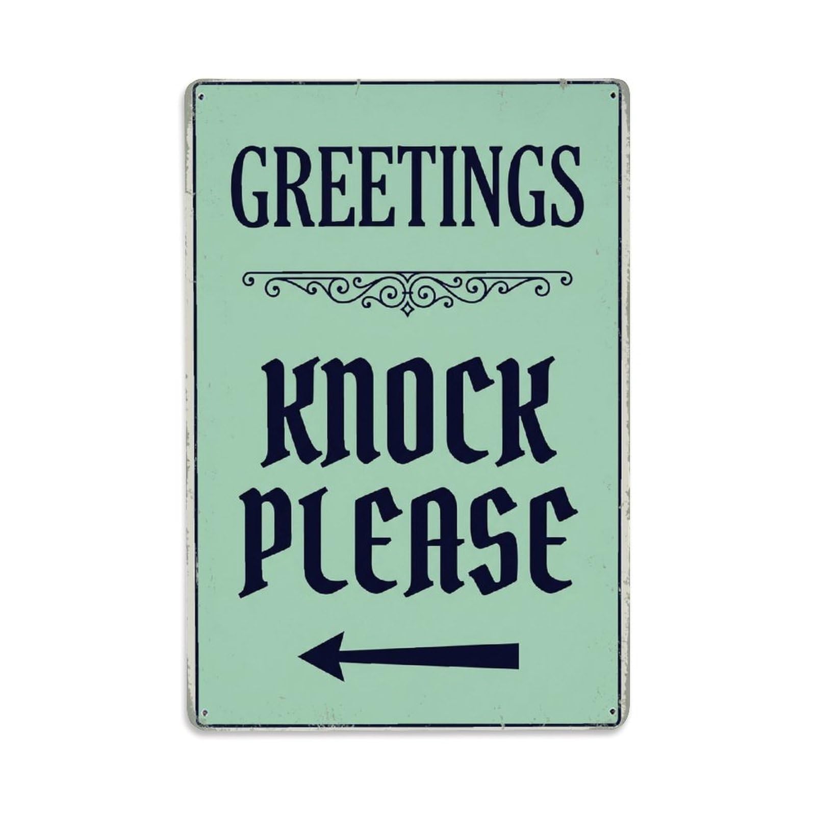 Vintage Greetings Knock Please Arrow Border Metal Tin Sign