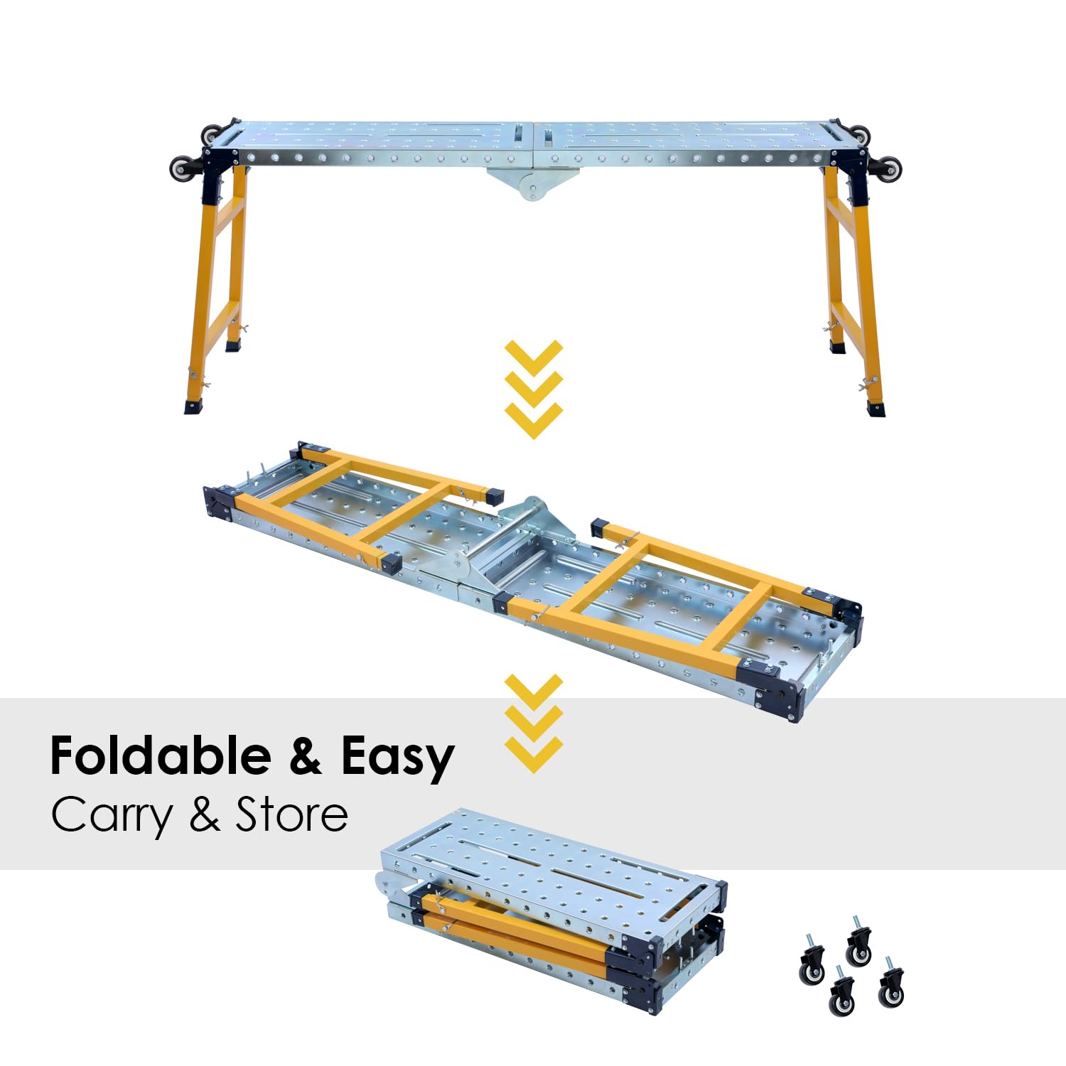 TOPWAY Piattaforma di Lavoro Pieghevole e Regolabile, Capacità di Carico di 500 kg, con 4 Ruote, Ponteggio Pieghevole per Banco di Lavoro per Lavori in Interni ed Esterni, 180 x 36 x 120,5 cm