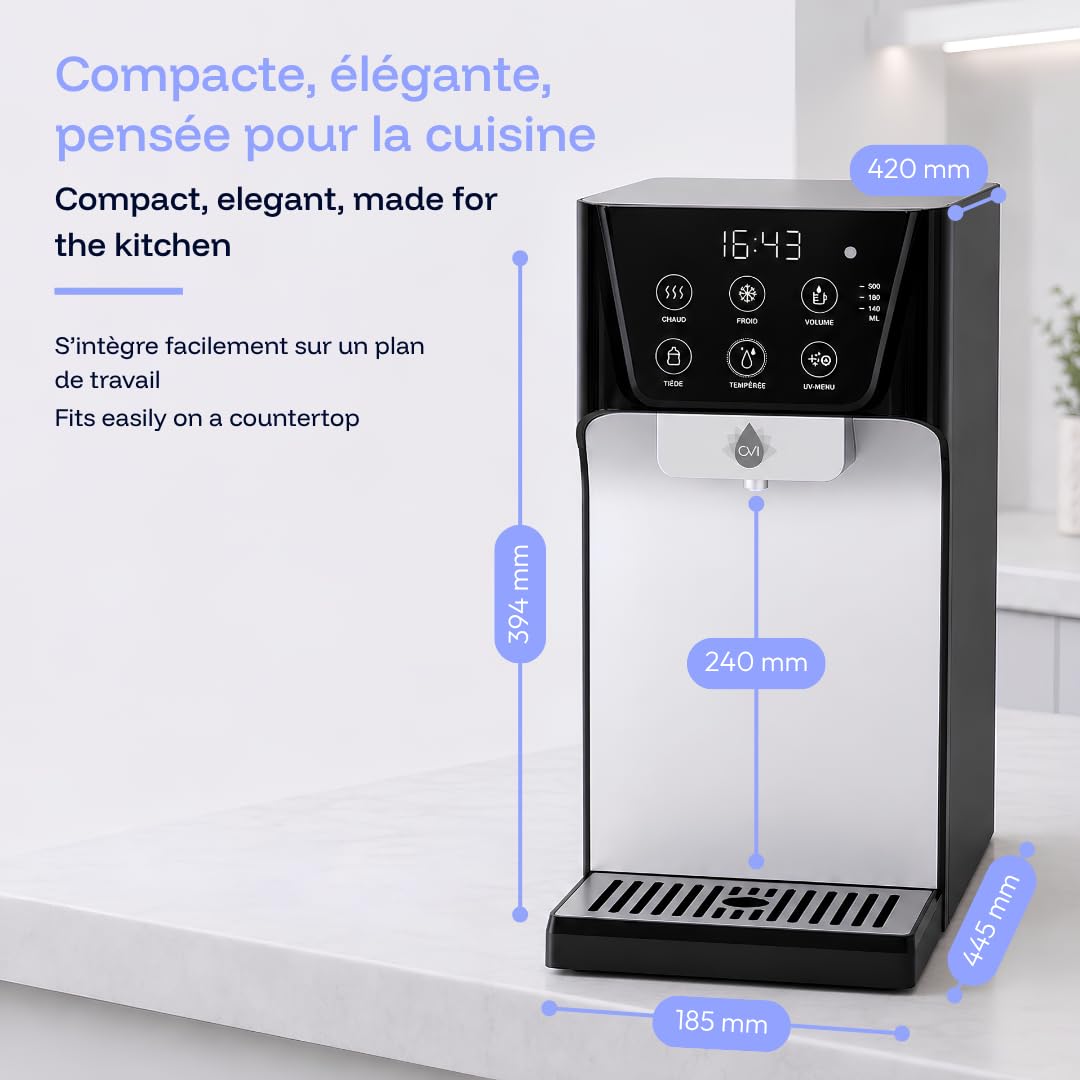 OVI I Distributeur d’Eau Chaude, Froide & Tempérée Instantané | Fontaine à Eau Filtrée 4 Étapes Anti-Bactéries & PFAS | Connexion Directe | Idéal Famille & Bébé | Noir