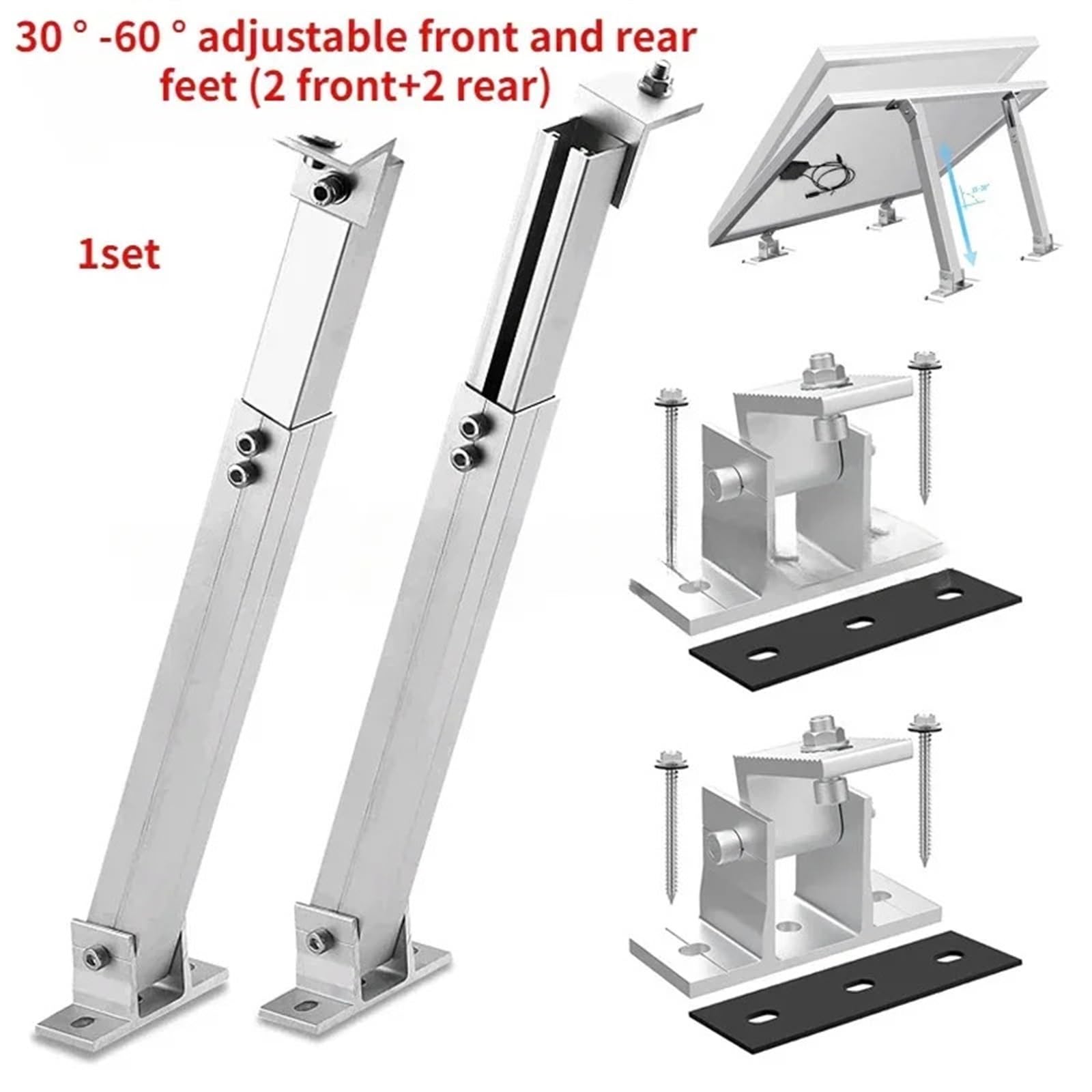Regulowane uchwyty do montażu paneli słonecznych, kąt nachylenia 15-60 stopni, aluminiowe, do paneli 100-600 W na dachu kampera i płaskich powierzchniach(30 Degrees to 60 Deg)