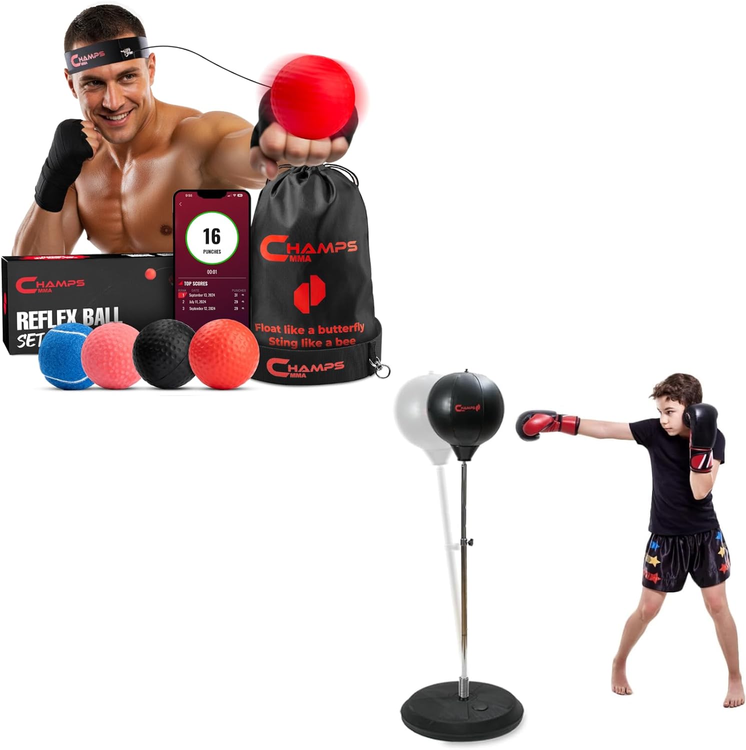 Champs MMA Boxing Training Bundle - Reflex Ball Set with Punch Counter App + Kids Punching Bag with Stand | Improve Speed, Agility, Hand-Eye Coordination | Boxing & MMA Training Kit for Kids & Adults