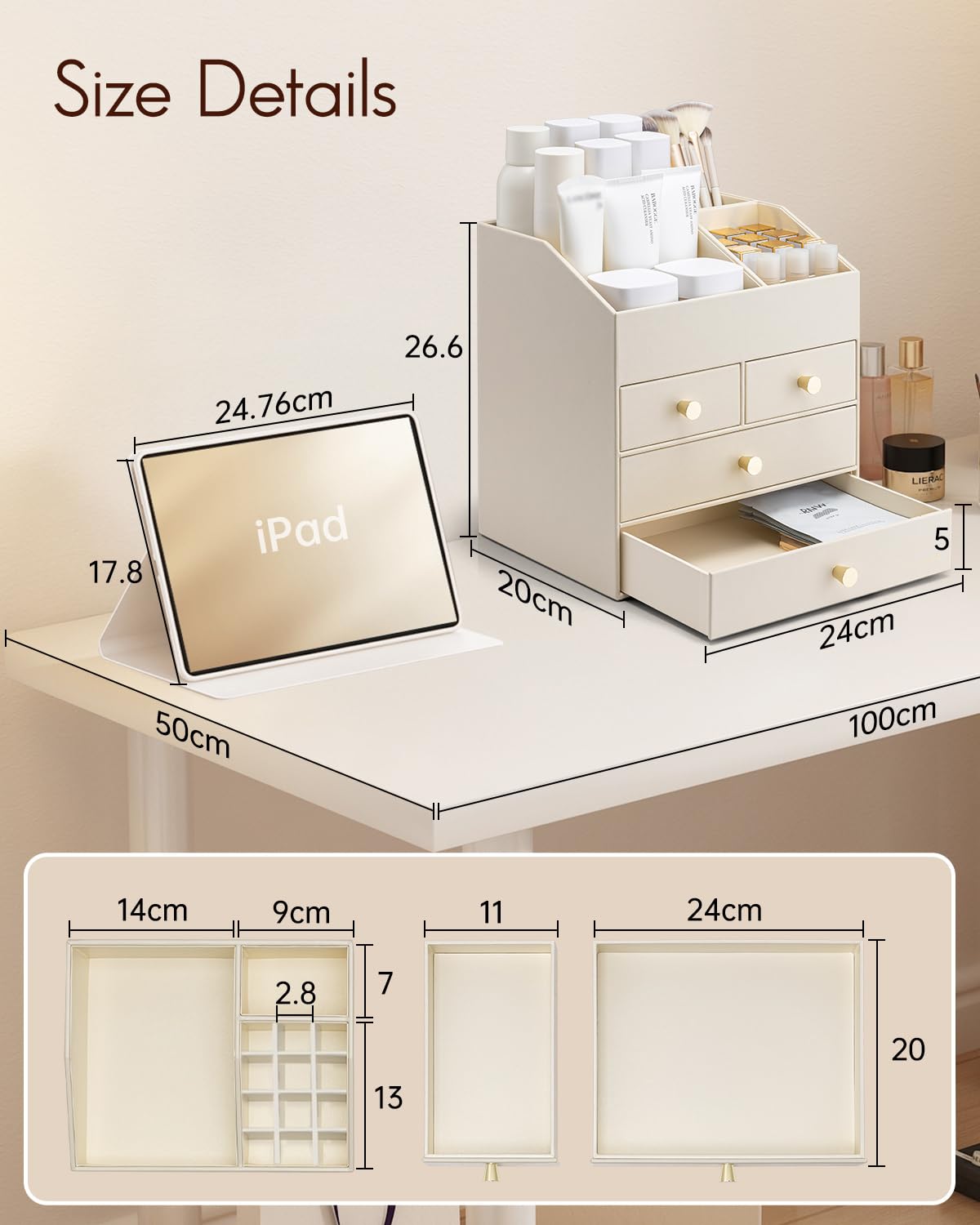 VLANDO Make up Organizer mit 4 Schubladen, Kosmetik Organizer für Badezimmer, Beige