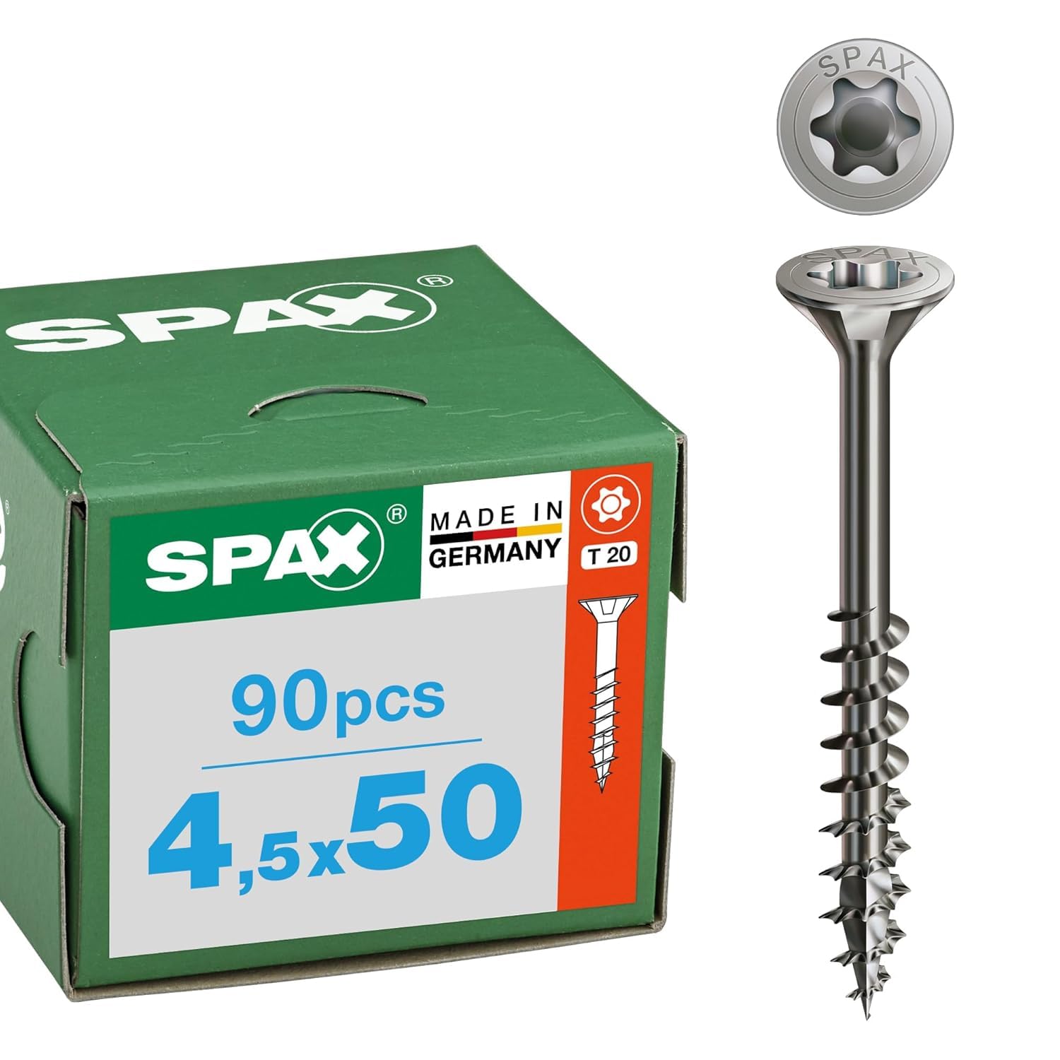Spax stainless steel screw 4.5 x 50 mm, pack of 90 - partial thread, countersunk head, T-STAR plus T20, 4CUT, A2 stainless steel, 8000000276521 — image 1