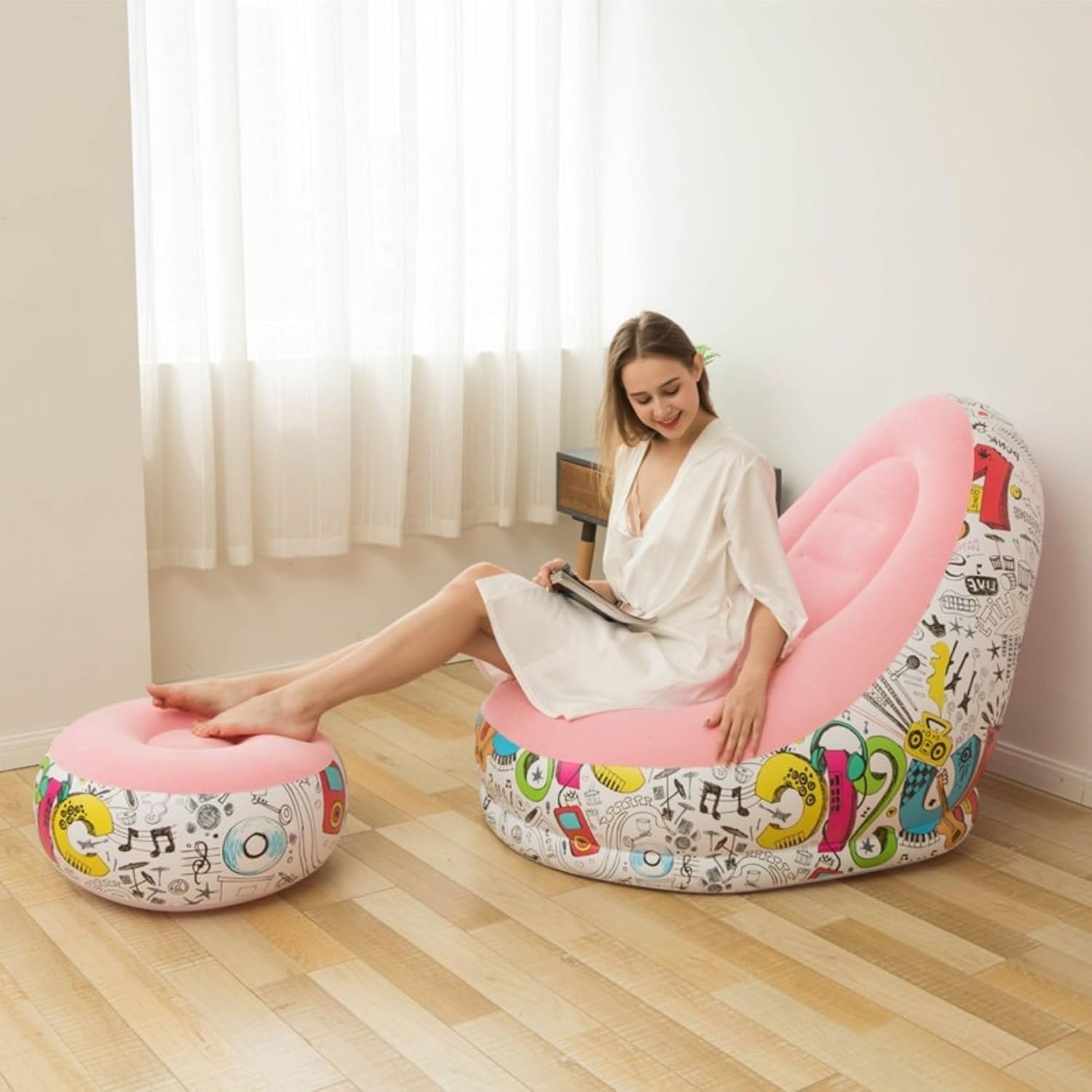 Inflatable Lounge Chair with Footrest 2-in-1 Air Sofa for Adults, Folding Portable Lazy Recliner with Pump for Indoor Living Room, Bedroom, Office, Outdoor Camping (Pink)-image-47