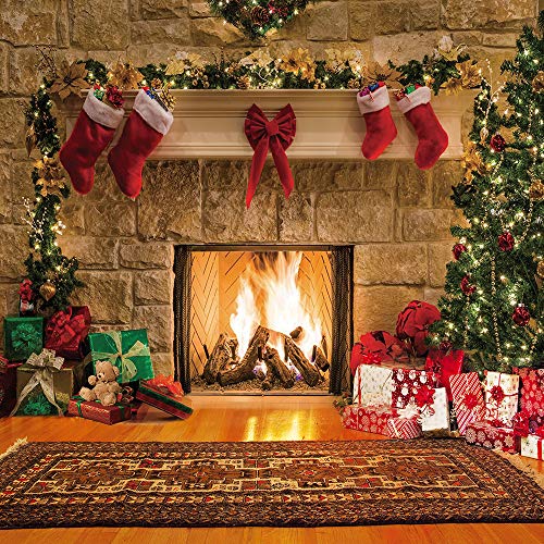 LTLYH 8x8ft Christmas Fireplace Theme Backdrop for Photography Tree Sock Gift Decorations for Xmas Party Supplies Photo Background Pictures Banner Studio Decor Booth Props A035