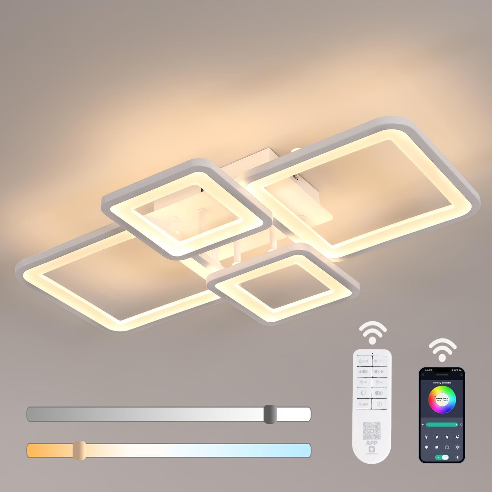 Mckalen Plafon LED Techo Regulable Moderno 62CM, 54W 6075LM Lámpara de Techo LED Grande Salon con Mando a Distancia/APP 3000K-6500K, 4 Cuadrado Blanco Luz de Techo Acrílico para Dormitorio Comedor