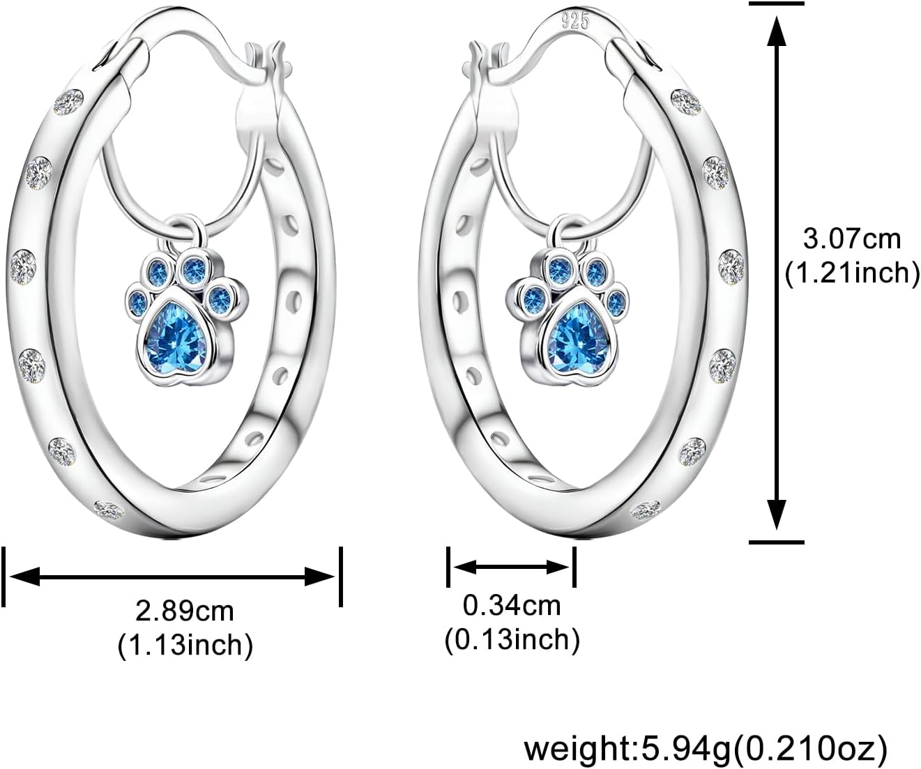 Blue CZ Paw Drop Earrings for Women Shiny Cubic Zirconia Round Puppy Paw Cat Hoop Huggie Earrings Cute Animals Earrings Birthday Christmas Piercing Jewelry Gifts - Image 2