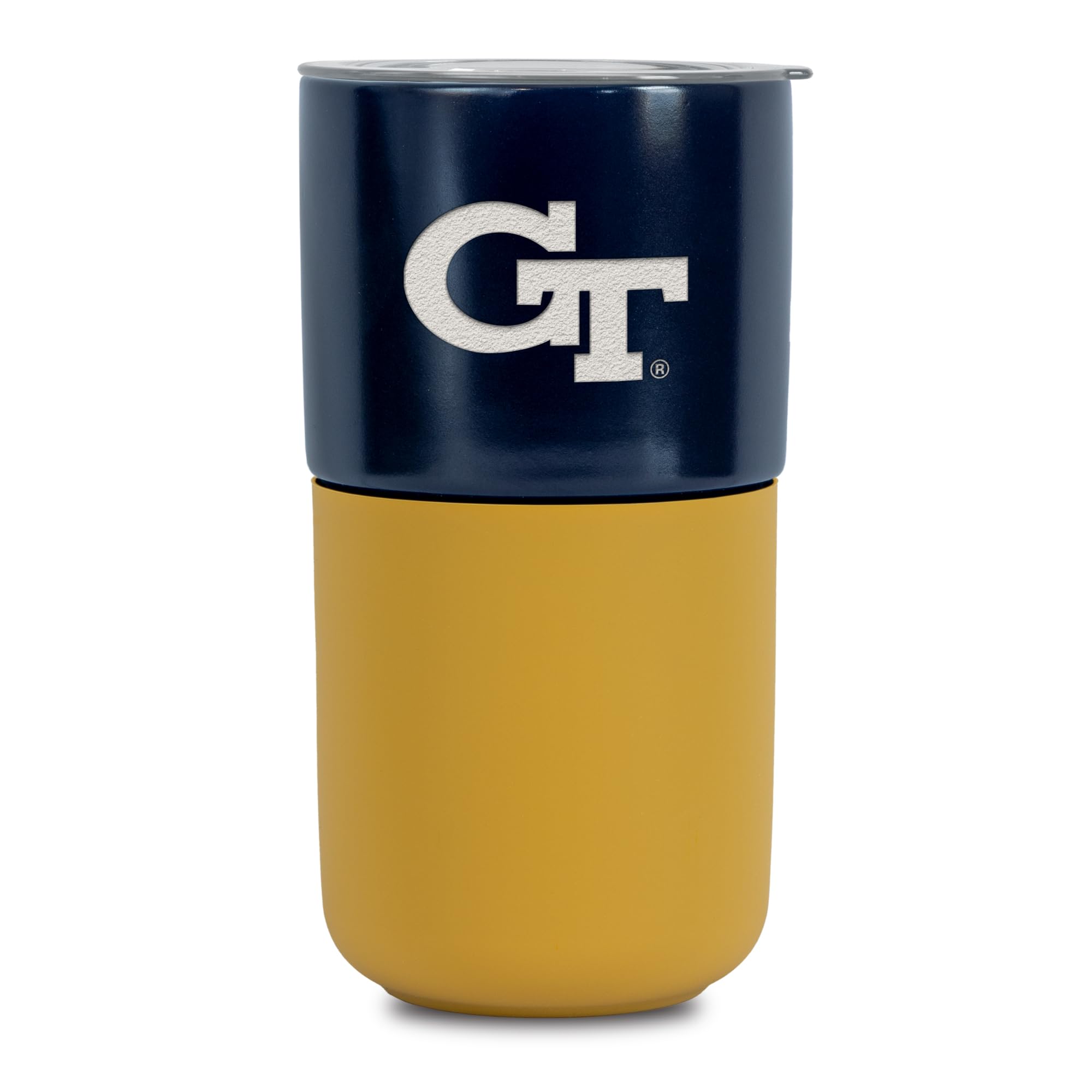 Rico Industries NCAA Georgia Tech Yellow Jackets 16 oz Ceramic Tumbler with Silicone Grip, Deep Laser Engraved, Navy and Gold Colored Design with Slide Lid, Travel Coffee Mug, Matte Glaze