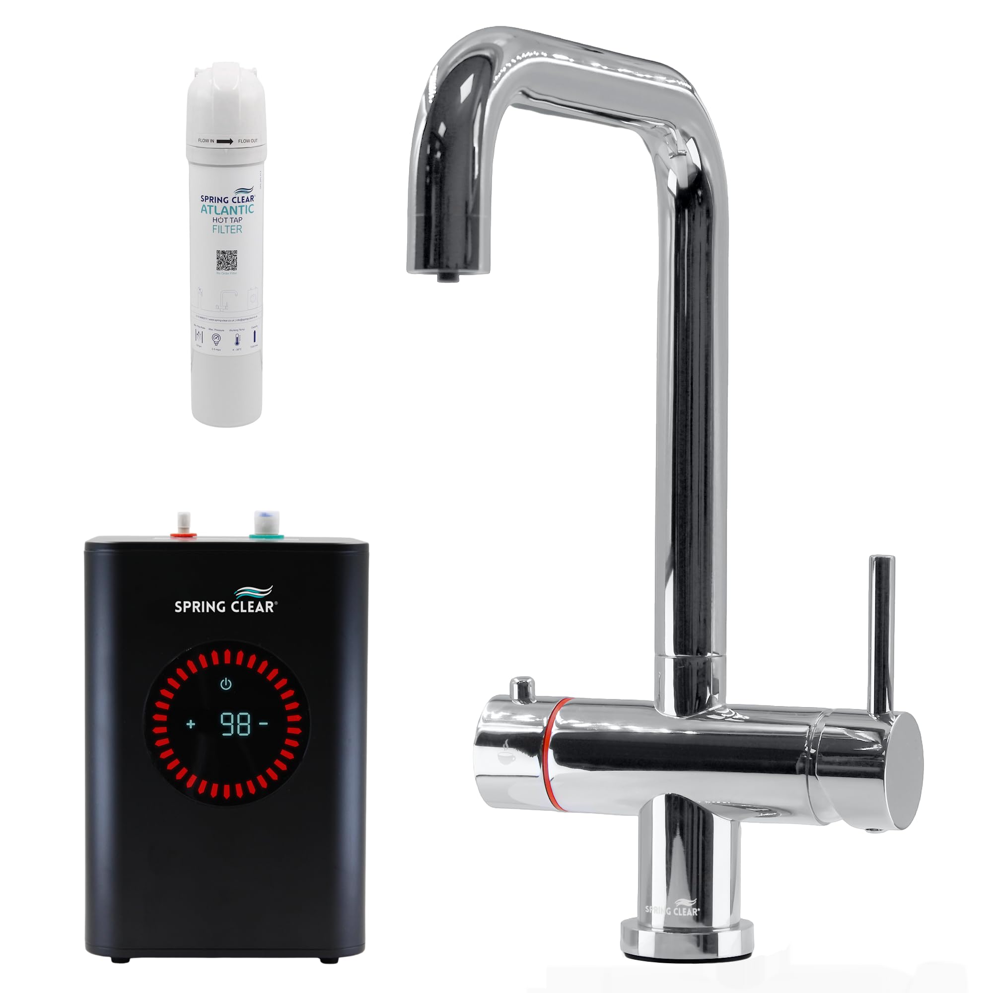 Spring Clear Atlantic 3-in-1 Instant Boiling Water Hot Tap Kit | Chrom D Shaped Kitchen Sink Tap, 2.4L Digital Display Boiler Unit and Scale Filter