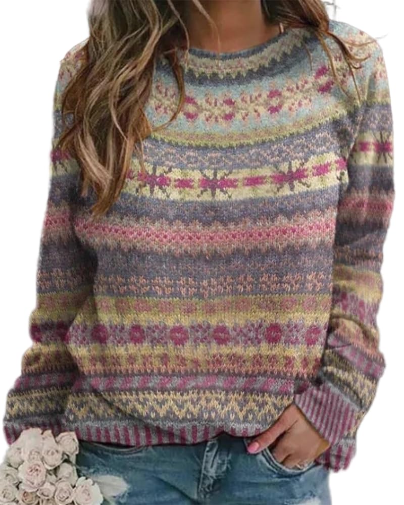 Womens Fair Isle Sweaters Vintage Argyle Iceland Norway Sweater Colorful Crew Neck Long Sleeve Pullover Jumper Tops
