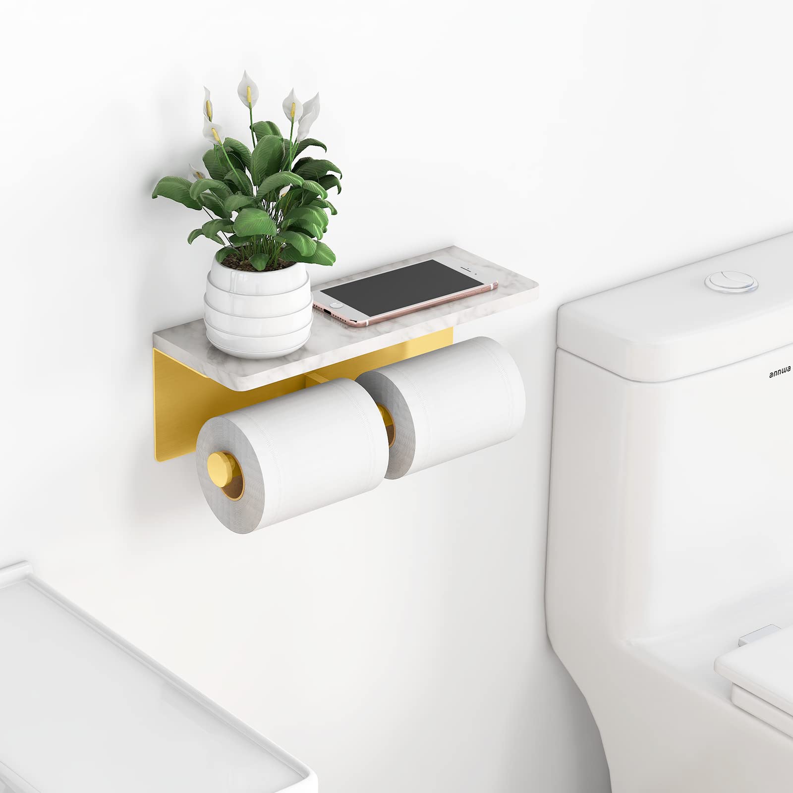 Lot De 2 : Porte-papier Toilette Doré Avec étagère + Crochets De Serviette Muraux