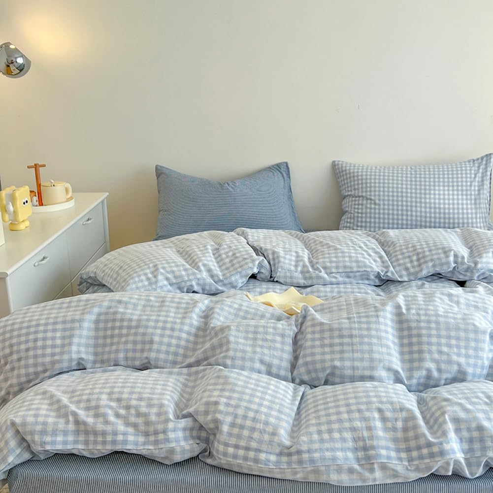 Covebett Duvet Cover King Blue White Grid Bedding Set Washed Microfiber 3pcs, 1 Baby Blue Checked Plaid Quilt Cover 220x230 Zipper Closure and 2 Pillowcases 50x75cm — image 1