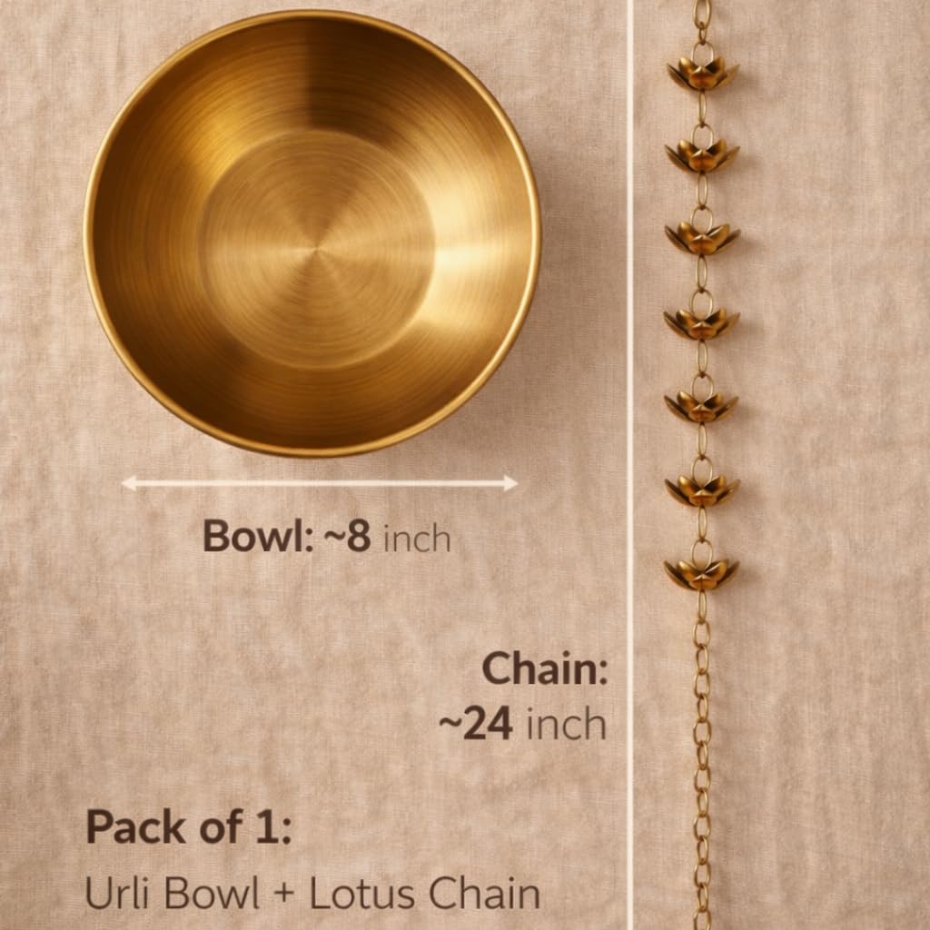 Hanging Urli Bowl for Home Decoration | Metal Urli Pot with Lotus Chain for Floating Flowers & Candles | Diwali Decoration Items for Home | Door Hanging Tealight Holder | Golden, Set of 1 4