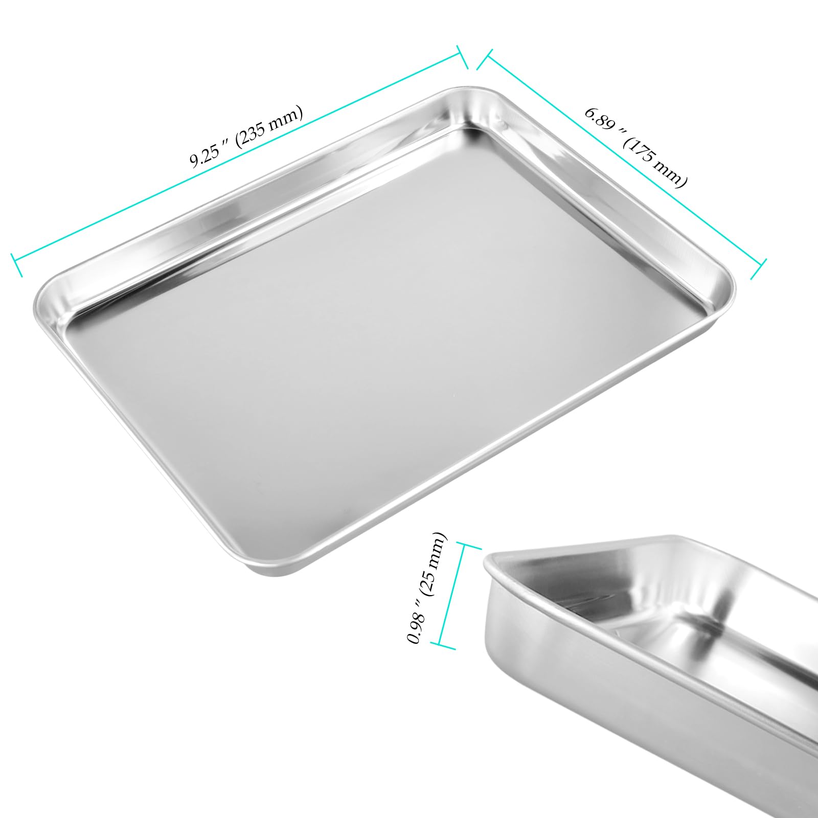 4 teglie da forno piccole in acciaio inox, rettangolari per arrostire, servire, cucinare, torte, biscotti, 23,5 x 17,5 x 2,5 cm, argento