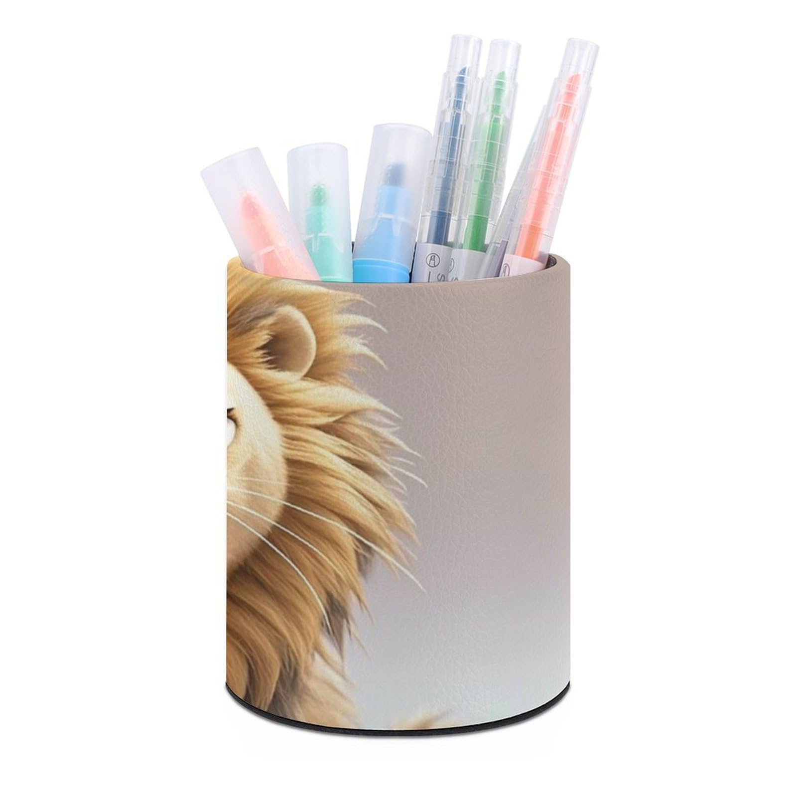 FekiLoot PU Leather Round Pen Holder Lion Pencil Holder Desk Organizer Pen Organizer Pen Cup Pencil Cup Caddy Desktop Stationery Organizers for Office Home Supplies