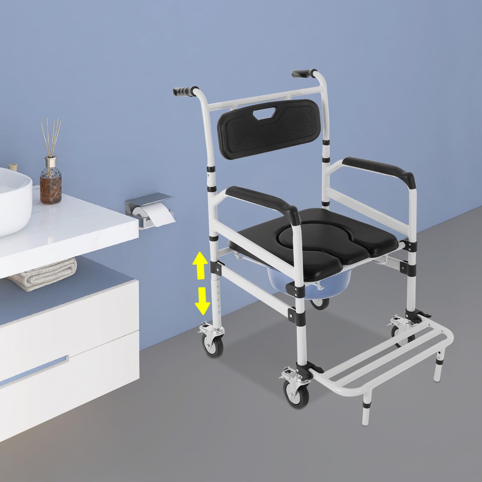 Silla de inodoro con ruedas y freno, silla de ducha plegable y ajustable en altura, silla de ducha con cubo de 10L, capacidad de carga 100kg, para personas mayores, cuidado de discapacitados
