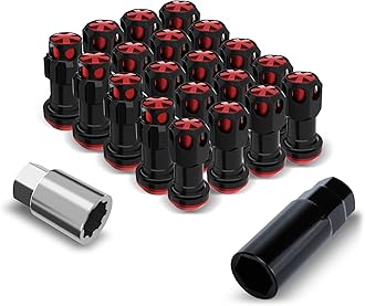 Lug Nuts Aluminum/Alloy Steel Tire Nut Lock 16 PCS Hex Nuts,4xEight Point Spline Nuts,1xHex Socket Key,1xEight Point Spline Socket Key,22mm OD/45mm H (Red Accents/Black Body, M12x1.5)