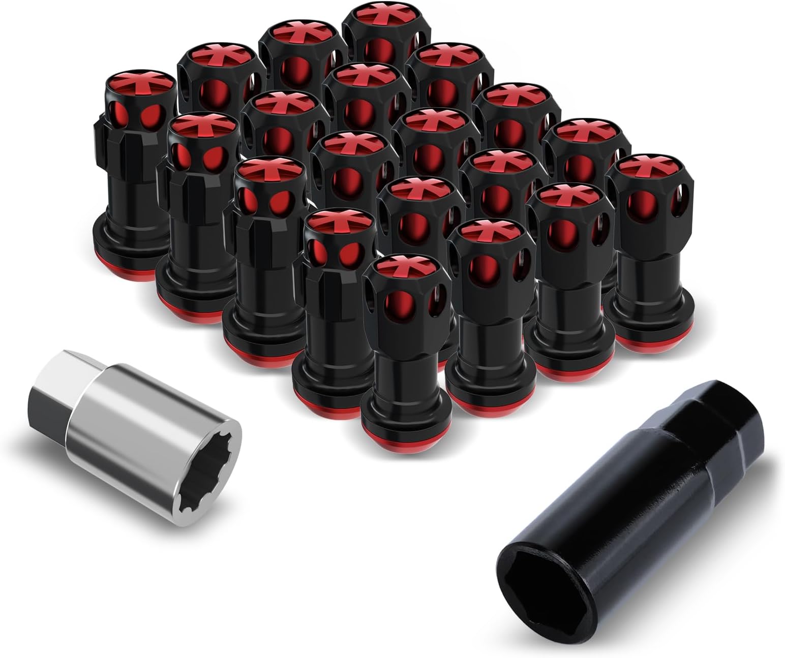 Lug Nuts Aluminum/Alloy Steel Tire Nut Lock 16 PCS Hex Nuts,4xEight Point Spline Nuts,1xHex Socket Key,1xEight Point Spline Socket Key,22mm OD/45mm H (Red Accents/Black Body, M12x1.5)