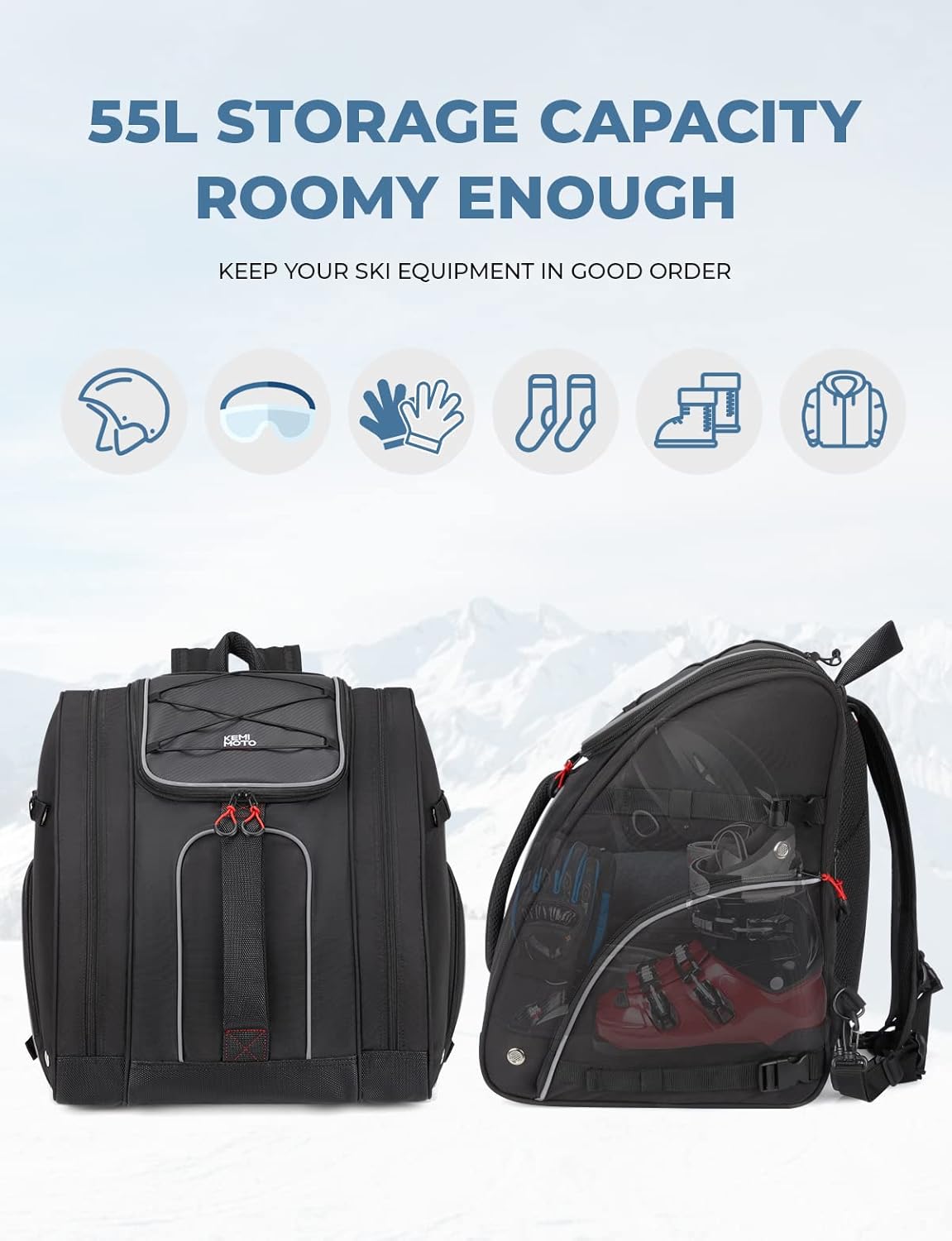 KEMIMOTO Ski Boot Bag, 55L Waterproof and Snowproof Skiing and Snowboarding Travel Luggage, Excellent for Store Ski Boots, Skis, Snowboards, Jacket, Helmet, Goggles, Gloves & Accessories