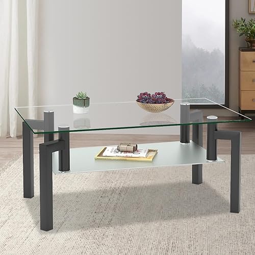 Miniatura 15 de Mesa auxiliar para sala de estar, mesa de centro moderna con almacenamiento, mesa central de vidrio de 2 niveles con patas de madera, muebles para