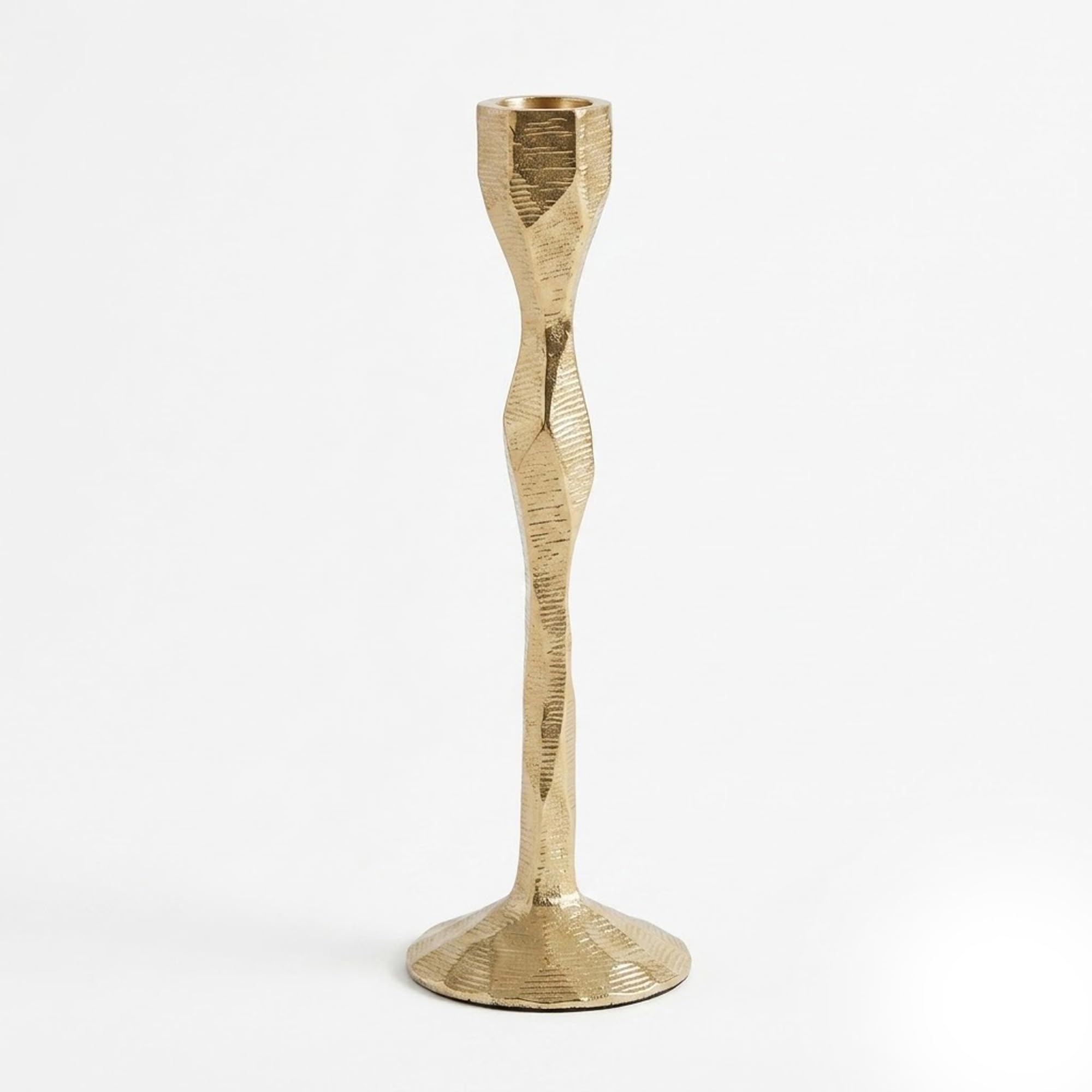 IHI EST. 1986 Gold Candle Stand, 8.25 Inch Aluminum Taper Candle Holder, Twisted Sculptural Candlestick with Textured Metallic Finish for Dining Table Mantel and Shelf Décor