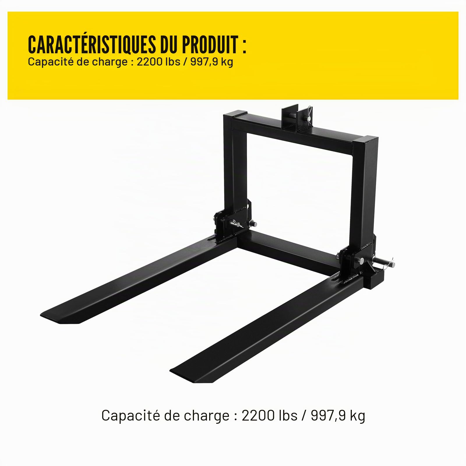 VEVOR Élévateur de palettes 1T pour chariot élévateur de 1000 kg Fourches à palettes de charge pour l'élévation de transpalettes Fourches élévatrices à palettes Tout acier Attache à 3 points 2200L