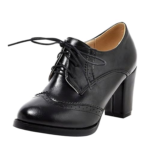 Dear Time Block Heels Wingtip Oxfords Vintage PU Leather Brogue Shoes Woman